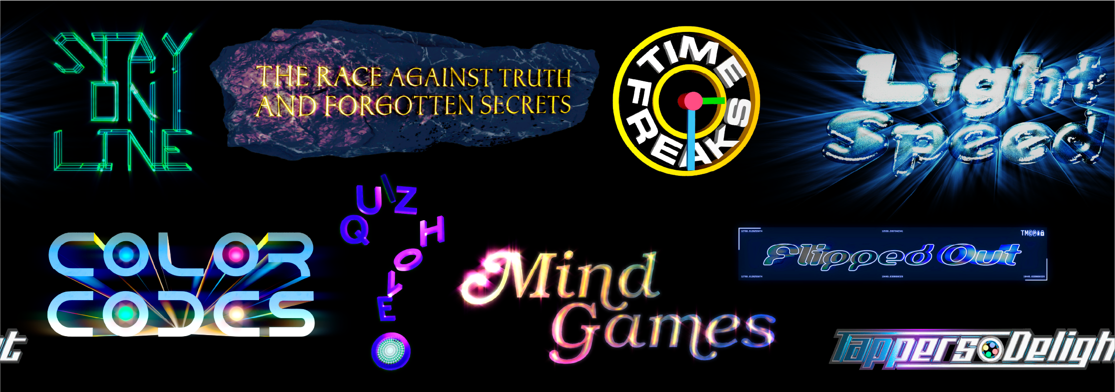 Mini games collage — Light Speed, Quiz Hole, Time Freaks, Mind Games, and more